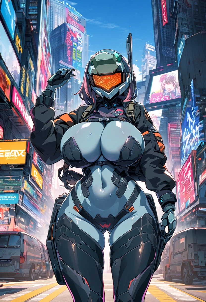 TV screen head robot girl sex Silicone body Super Extra large breasts breast enlargement Special attack bulletproof tactical jacket sci-fi city full-body shot
