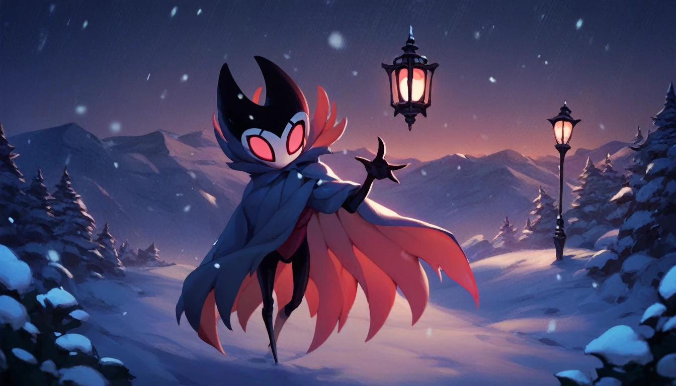 score_9, score_8_up, score_7_up, score_6_up, zPDXL2, grimm \(hollow knight\), vampire, bat, 2boy, solo, cute face, detailed eyes, anthro, landscape, highlight thighs, It's snowing outside, it's night, a lamp is on nearby, outdoor, winter coat