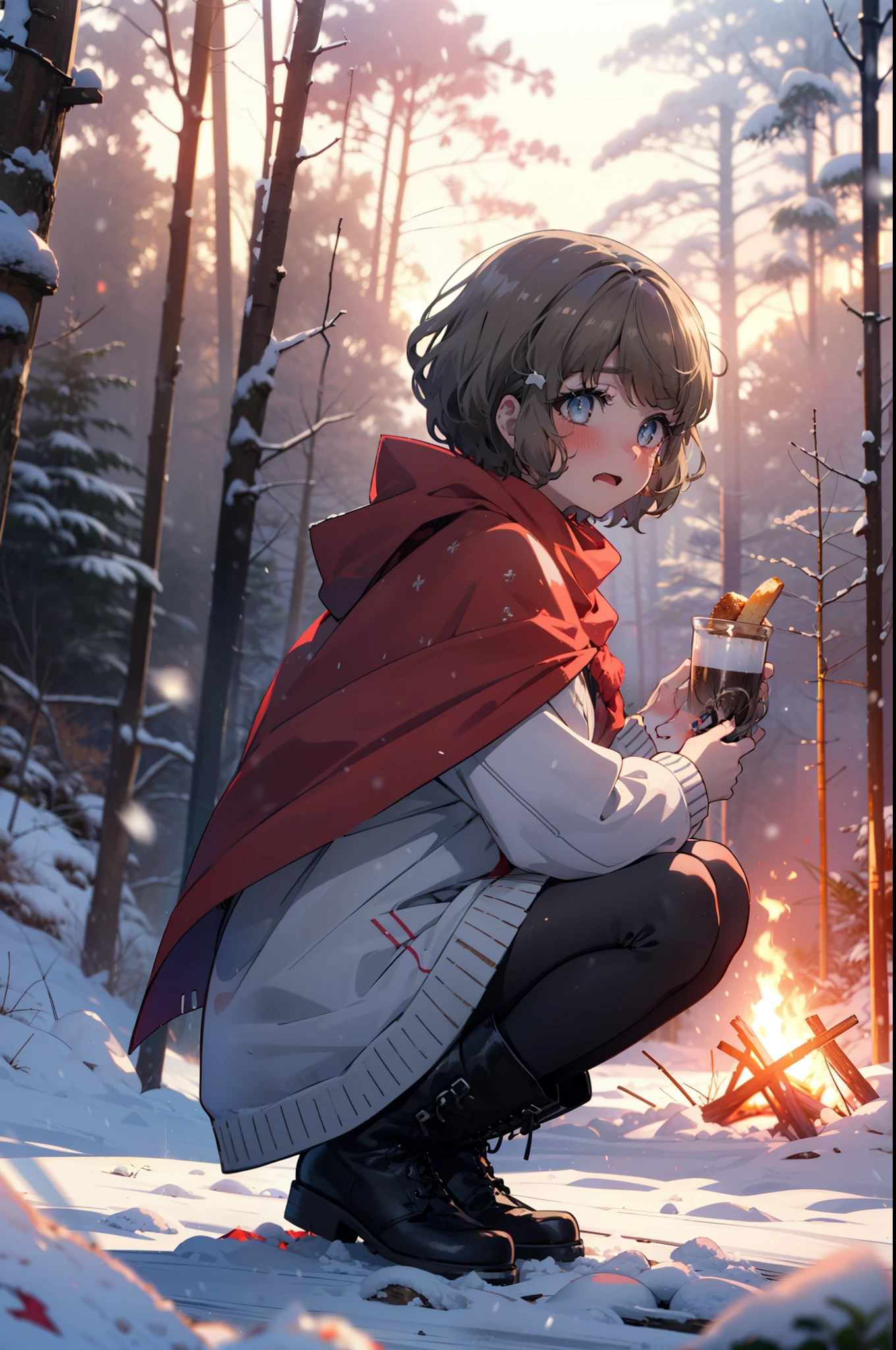 tomoekoga, Chie Koga, short hair, Brown Hair, blue eyes, hair band,smile,blush,White Breath,Medium Chest,
Open your mouth,snow,Ground bonfire, Outdoor, boots, snowing, From the side, wood, suitcase, Cape, Blurred, having meal, forest, White handbag, nature,  Squat, Mouth closed, Cape, winter, Written boundary depth, Black shoes, red Cape break looking at viewer, Upper Body, whole body, break Outdoor, forest, nature, break (masterpiece:1.2), Highest quality, High resolution, unity 8k wallpaper, (shape:0.8), (Beautiful and beautiful eyes:1.6), Highly detailed face, Perfect lighting, Highly detailed CG, (Perfect hands, Perfect Anatomy),
