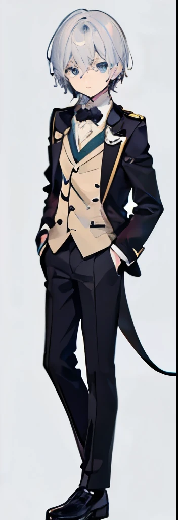 {best quality}, {{masterpiece}}, {highres}, solo, sharp focus, {{total body}}, full body, {{standing}}, {{toe}}, simple background, simple background, looking at viewer, man, 1boy, British boy, public school boy, 17 years old, silver hair, blue eyes short hair, seems to be well-bred, asymmetrical bangs, shiny hair, A black bow tie, tailcoat-type uniform, {{formal suit}}, shool boy, yellow line in collar, white waistcoat, illustration, anime style, tachi-e