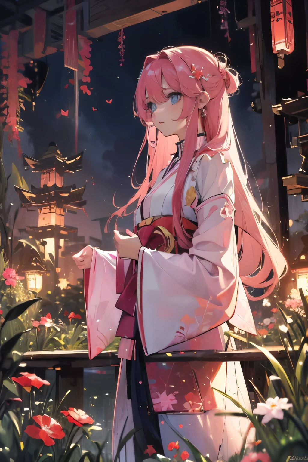 masterpiece, best quality,lacus-bk, 1 Girl, Solitary, Long hair, Pink Hair, very Long hair, blue eyes, Hair accessories, Japanese clothes, Separate sleeves