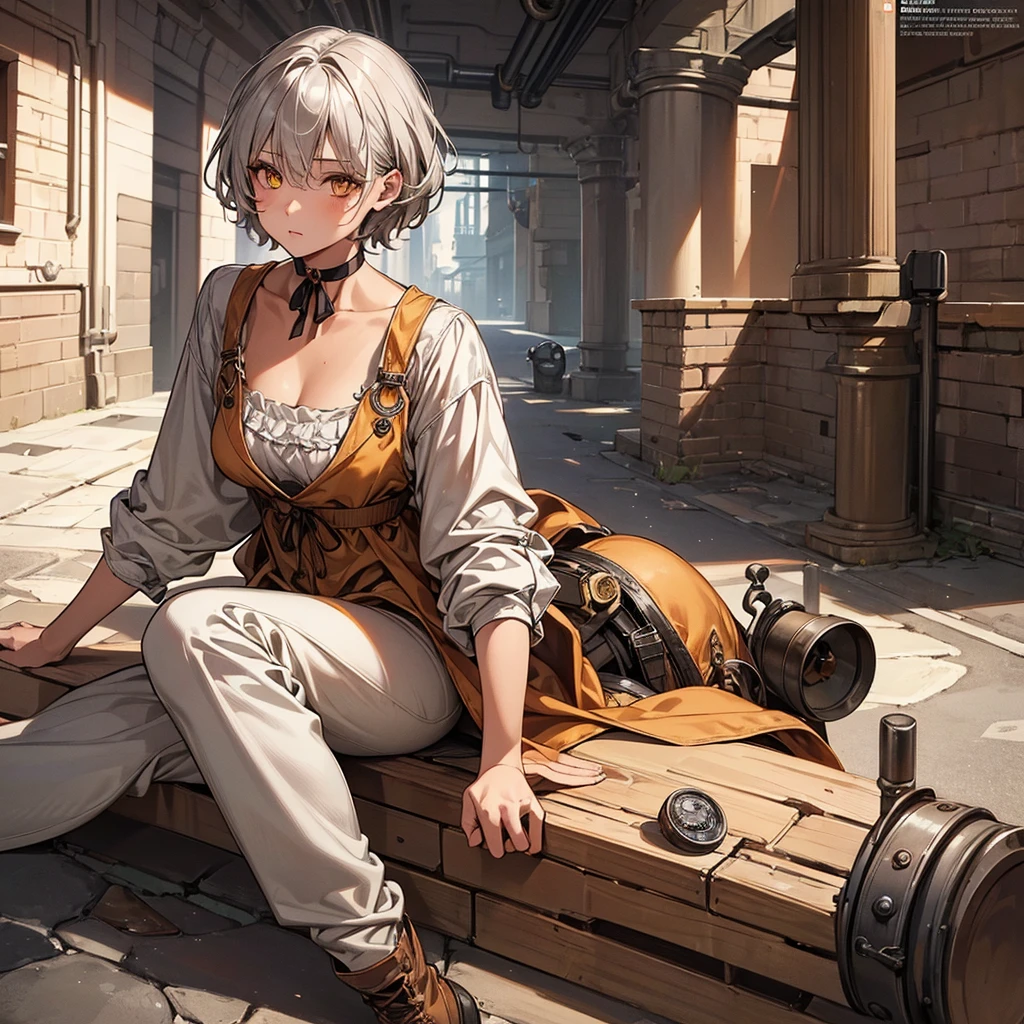 masterpiece, Highest quality, Perfect Face, Highest Resolution, Highest quality,Detailed depiction of the eyes, 1 girl, young, deep tan skin, slate gray hair, short hair, upturned eyes, Yellow Orange eyes, Perfect Anatomy, steampunk, ribbon choker, coveralls, Work clothes, undercity Brick Sewer pipes,