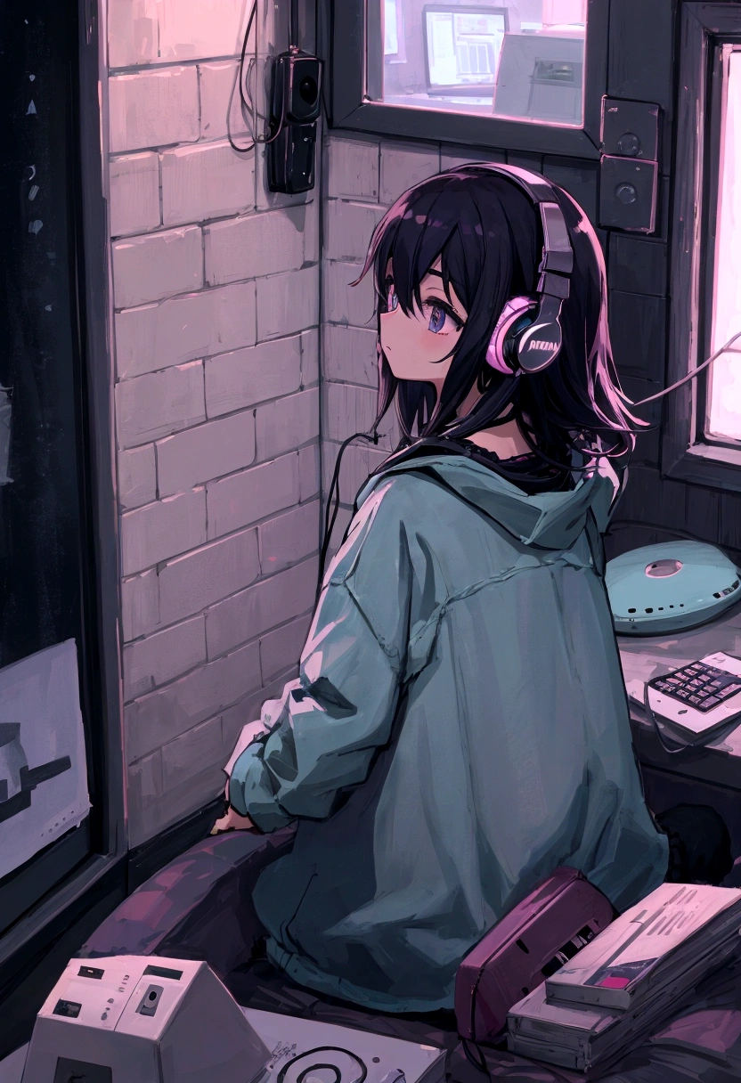 night、Girl listening to music in a cozy room, Using headphones, 2D-style animation, Lo-Fi, Very detailed, hard disk