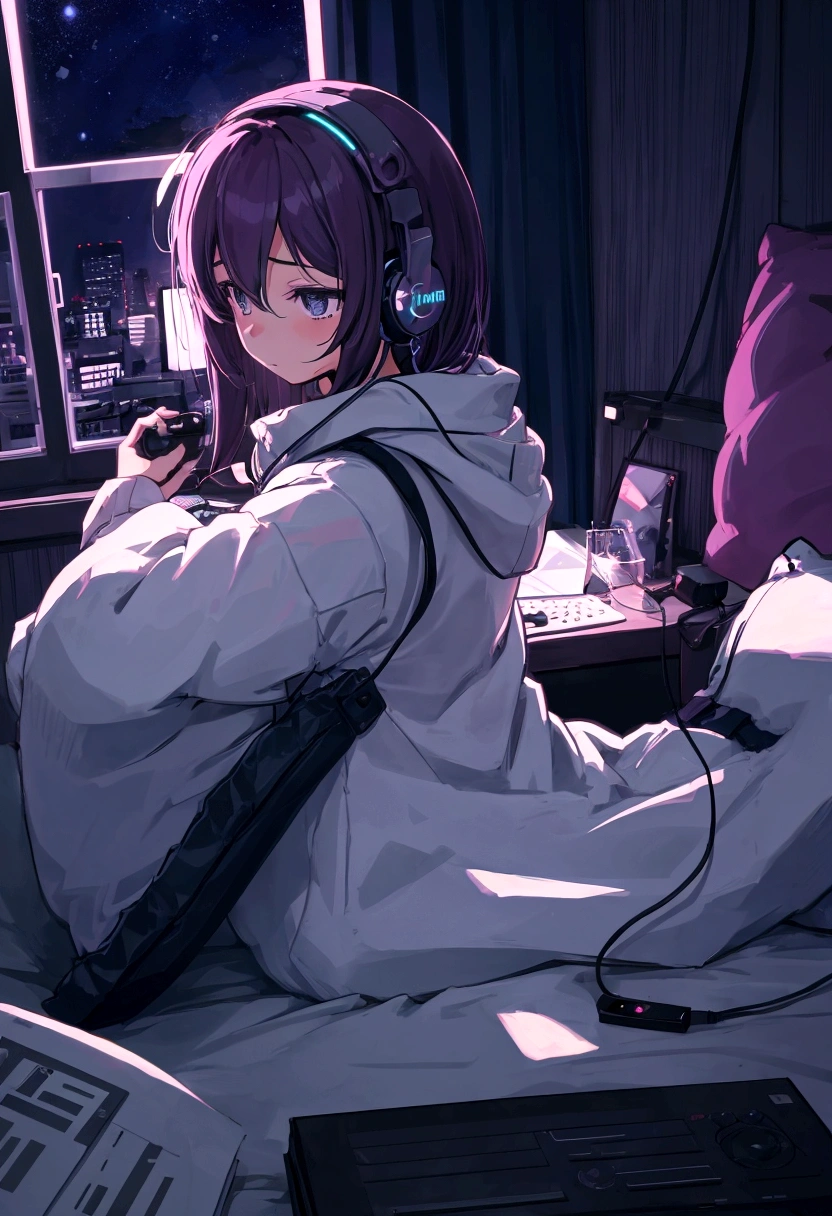 night、Girl listening to music in a cozy room, Using headphones, 2D-style animation, Lo-Fi, Very detailed, hard disk