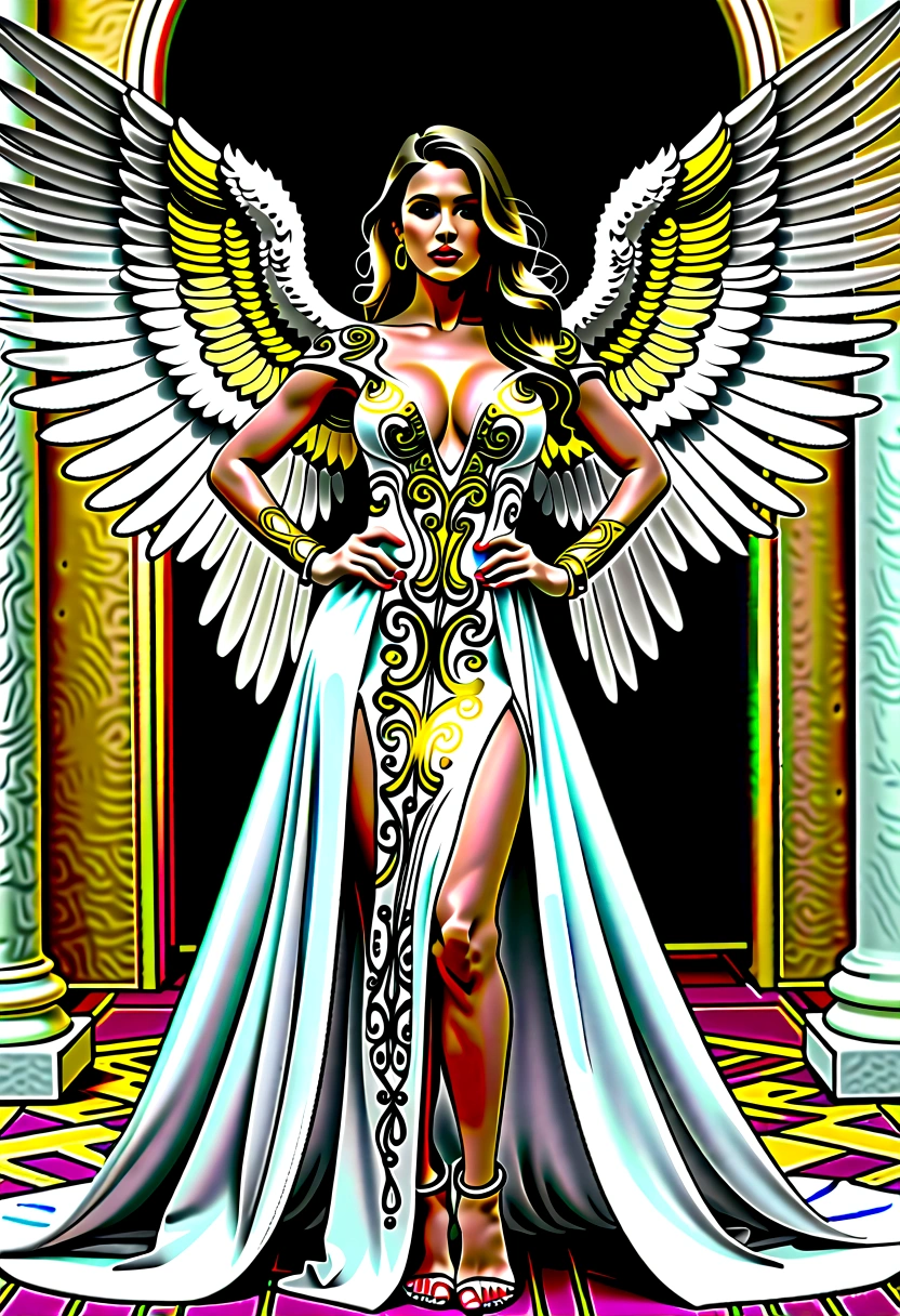 beautiful busty Angel, Wearing luxury dresses with intricate embroidery with golden threads that covers the whole body, luxury gowns with intricate embroidery with golden threads, Floating in the air, angel wings, (angel ring:1.3), outdoor, detailed face, detailed eyes, detailed lips, detailed nose, detailed foot, full body shot, giga_busty, (covered nipples:1.2)