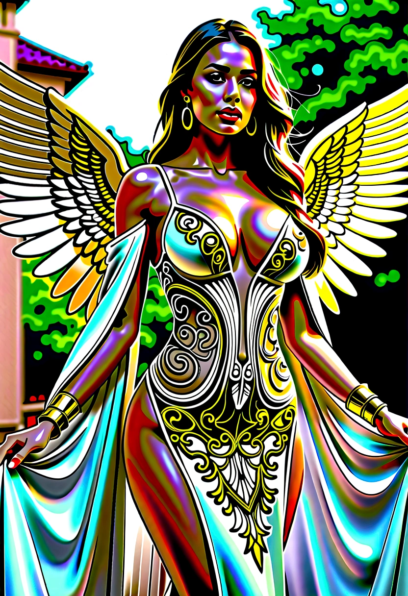 beautiful busty Angel, Wearing luxury dresses with intricate embroidery with golden threads that covers the whole body, luxury gowns with intricate embroidery with golden threads, Floating in the air, angel wings, (angel ring:1.3), outdoor, detailed face, detailed eyes, detailed lips, detailed nose, detailed foot, full body shot, giga_busty, (covered nipples:1.2)