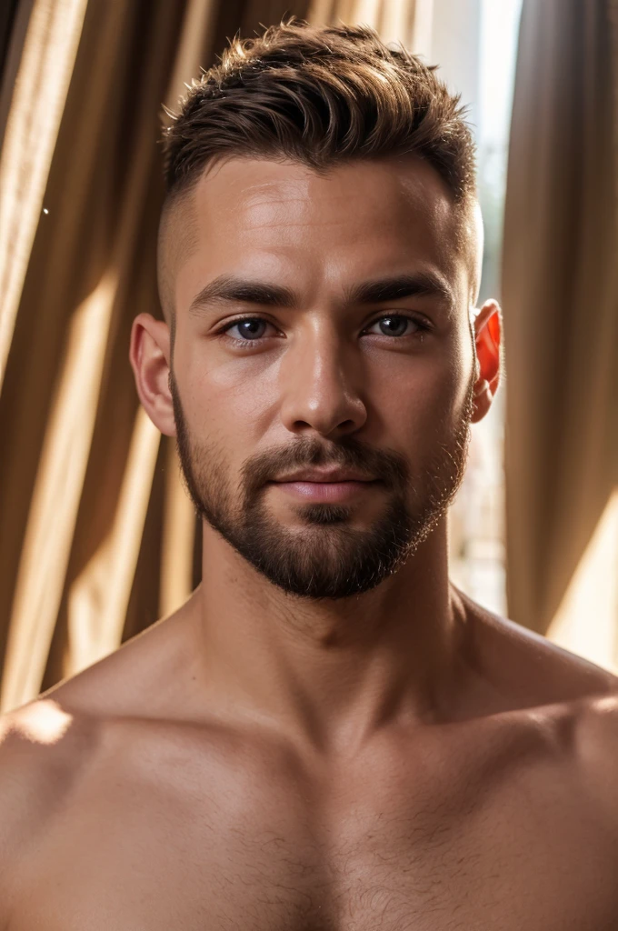 (8K、RAWE Photo、Highest quality、masterpiece:1.2)、(Real、Photorealistic:1.37)、Super detailed、Ultra-high resolution、1 male、Beautiful detailed face、(Feather Cut: 0.6)、Professional Lighting、The lighting is bright、Actor、model、Full body、Wide-angle shot、Daytime、bright , simple background ,Simple Background、Slender、beard、front、Face close-up、frontから、Straight、