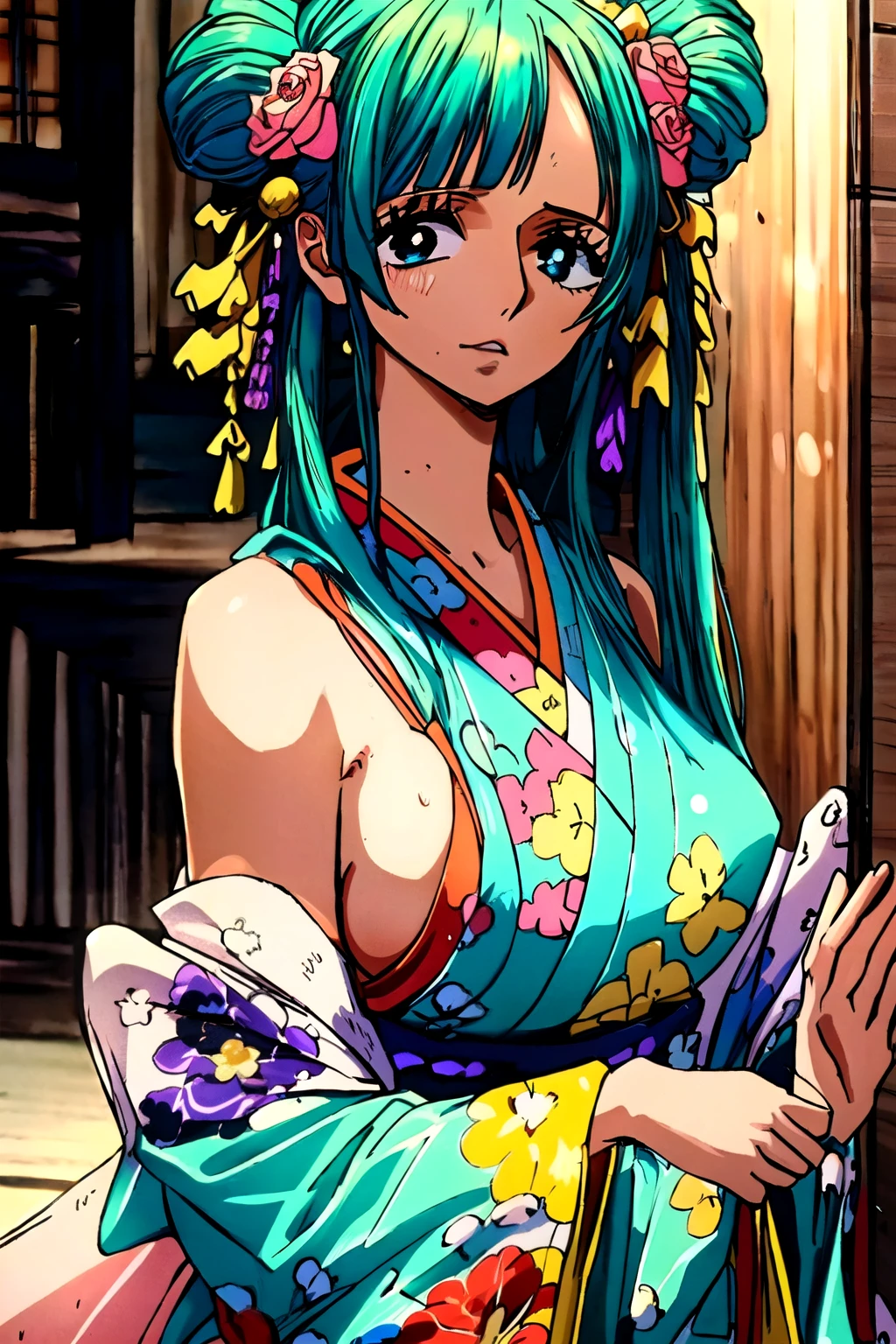 2d anime, woman, Kozuki Hiyori from One Piece, bluegreen hair, traditional japanese outfit, sideboobs, sexy, fair skin, masterpiece, best quality