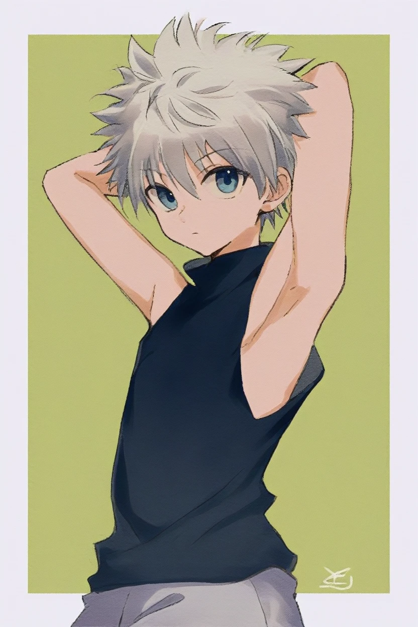 killua_zoldyck, 1boy, solo, short hair, bangs, blue eyes, simple background, , , hair between eyes, closed mouth, upper body, white hair, short sleeves, male focus, shorts, arms up, black shirt,Sleeveless, turtleneck, border, spiked hair, arms behind head, yellow background, white border, green background, male, score_9, rating_safe ,Shirtless,Showing armpits