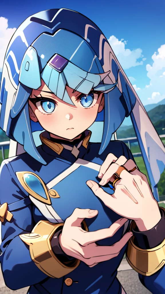 Leviathan_Megamanz, 1 Girl ,Looking at the viewer , blue hair, Blue eyes,Clouds background , Blushed , , Wedding ring, Glasses, Furina (Genshin Impact)