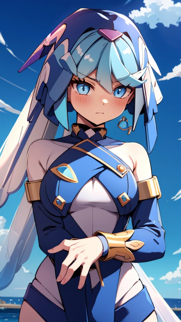 Leviathan_Megamanz, 1 Girl ,Looking at the viewer , blue hair, Blue eyes,Clouds background , Blushed , , Wedding ring, Glasses, Furina (Genshin Impact)