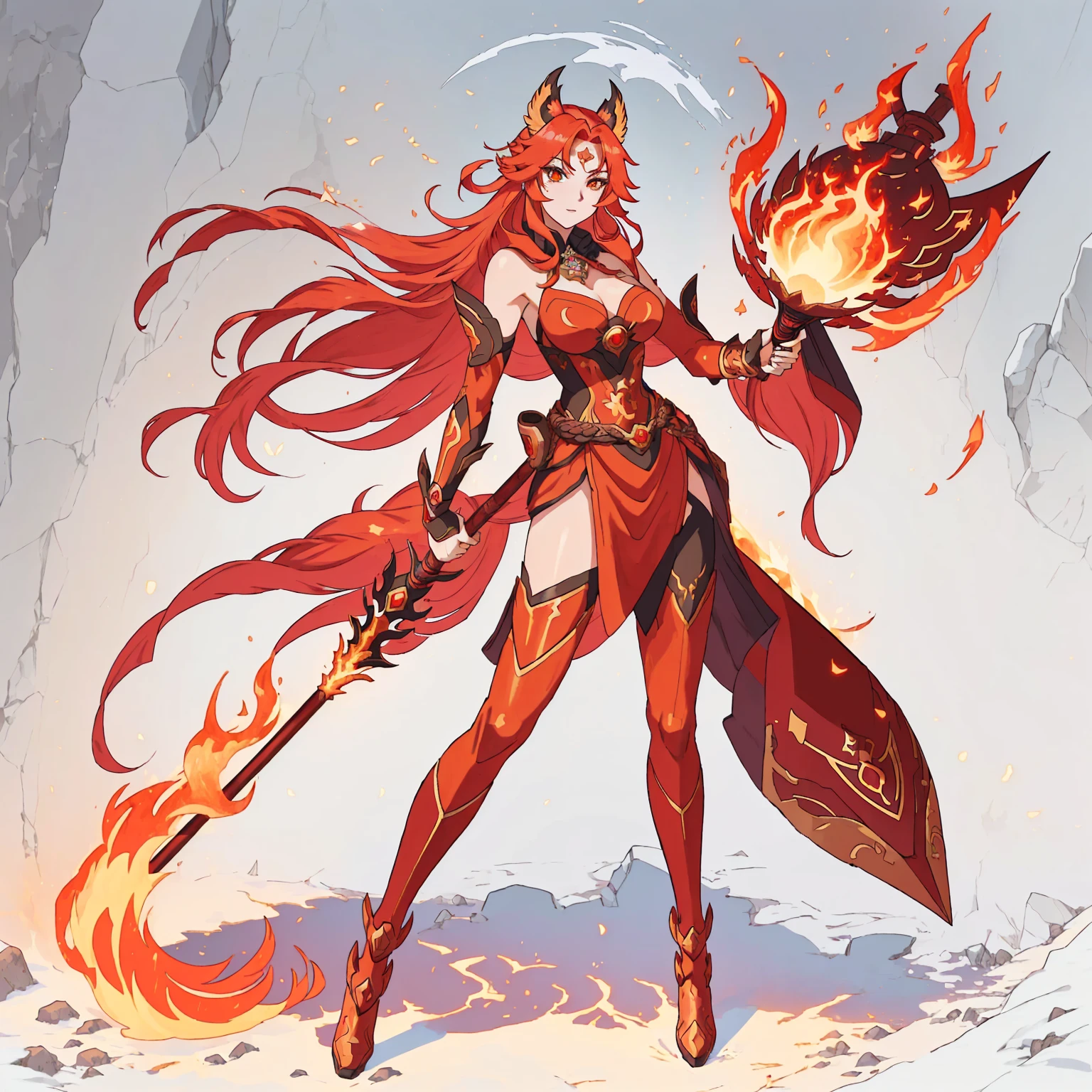 anime girl with red hair holding a fire stick and a staff, fire!! whole body, fire mage, appears as the fire goddess, goddess of fire, fire goddess, Fox and bush, hot fire goddess, Ayaka Genshin Impact, lava and fire goddess, she has fire powers, Anime Goddess, Makeup Gremory, fire demon, Anime Character Art,The details are clear,Clear facial features,Royal sister style,The are good-looking,Royal sister expression,Royal sister figure