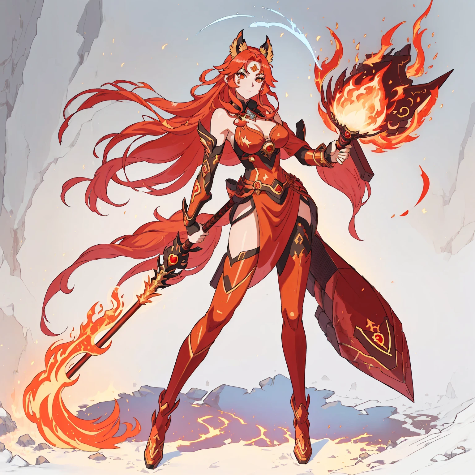 anime girl with red hair holding a fire stick and a staff, fire!! whole body, fire mage, appears as the fire goddess, goddess of fire, fire goddess, Fox and bush, hot fire goddess, Ayaka Genshin Impact, lava and fire goddess, she has fire powers, Anime Goddess, Makeup Gremory, fire demon, Anime Character Art,The details are clear,Clear facial features,Royal sister style,The are good-looking,Royal sister expression,Royal sister figure