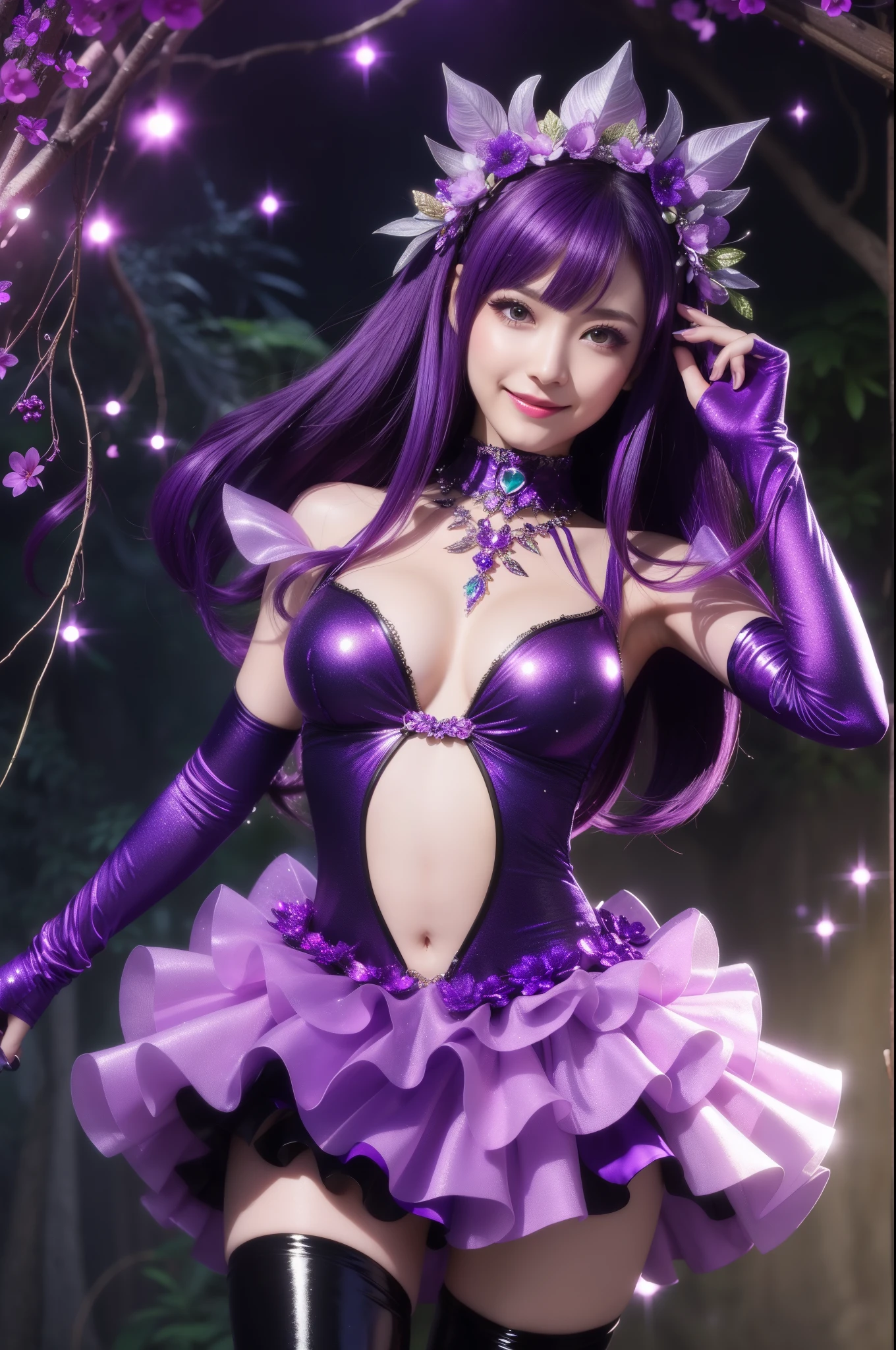 sexy stylish woman who controls poison、beautiful smile、lipgloss、intense makeup、look at the camera、full body Esbian、、sparkling poisoned flower costume (purple)、、、、shiny sparkling multicolor hair、secrete poison、skull hair accessories schnet tights (purple)、shiny sparkling dark magic forest background