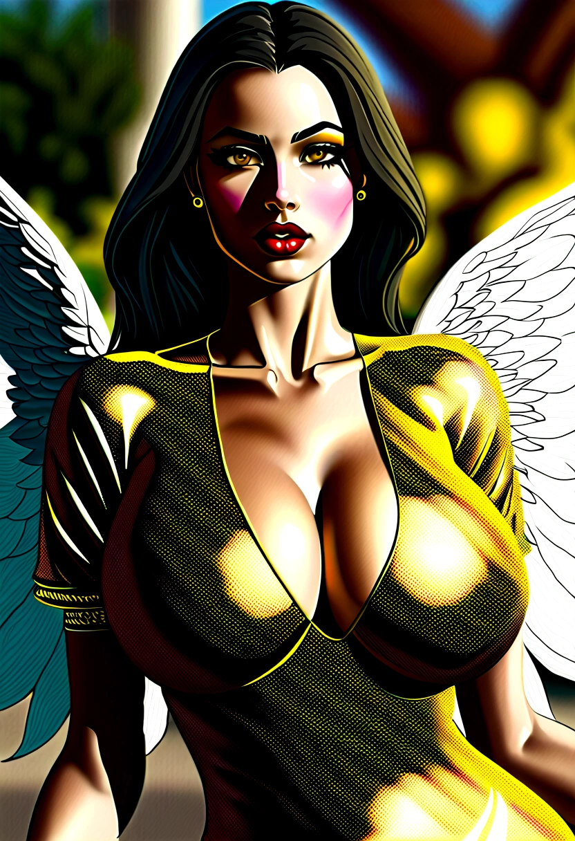 beautiful busty Angel, Wearing luxury dresses with intricate embroidery with golden threads that covers the whole body, luxury gowns with intricate embroidery with golden threads, Floating in the air, angel wings, (angel ring:1.3), outdoor, detailed face, detailed eyes, detailed lips, detailed nose, detailed foot, full body shot, giga_busty, (covered nipples:1.2)