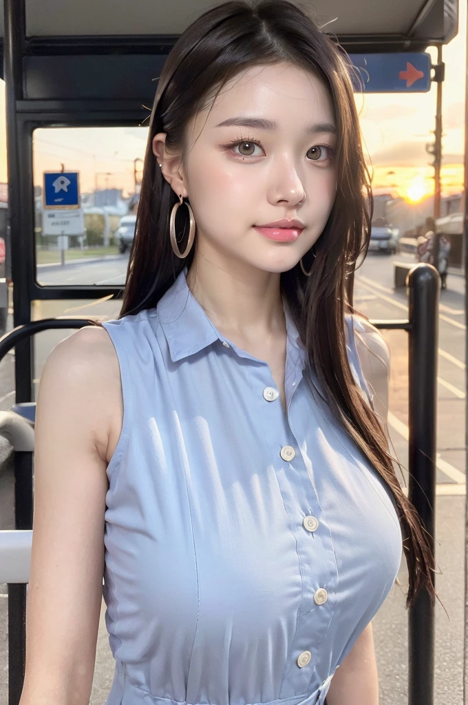 Ultra-realistic capture, Highly detailed, High resolution 16k close-up of human skin. Skin texture must be natural, With such detail that pores can be finely identified. Skin should look fair-skinned, In a uniform tone. Use natural light and color
(masterpiece:1.3), high resolution, ultra detailed, extremely detailed CG unity 8k wallpaper, realistic, photo-realistic, RAW photo, beautiful detailed face, pale skin, realistic glistening skin, detailed cloth texture, detailed hair texture, Perfect Style, Beautiful Face, accurate, Anatomically correct, Highly detailed face and skin texture, natural neck length
BREAK
Detailed eyes, symmetric eyes, Brown eyes, Double eyelids, Thin eyebrows, (Sexy Lips:1.3),
BREAK, 
((Innocent and Cute girl:1.3)), ((wearing a sleeveless Light-blue Button shirt dress :1.4)), (beautiful clavicle), (cross strap shoes), shiny small (necklace, bracelet), ((large hoop earrings:1.2)), (ring belt:1.2), (hobo bag over shoulder:1.3), Layered Hairstyle, Dark-brown hair, wavy hair, medium long hair, (very provocative smile:1.2), (medium large breasts, firm breast, nicely shaped breasts:1.1), 
BREAK, 
((Standing together that Waiting a bus in the bus stop:1.4)), ((looking sideway at viewer:1.2)),
BREAK, 
((Upper body shot:1.2)), (Focus on face:1.2), (from side:1.1), (background of beautiful sunset shines:1.4)