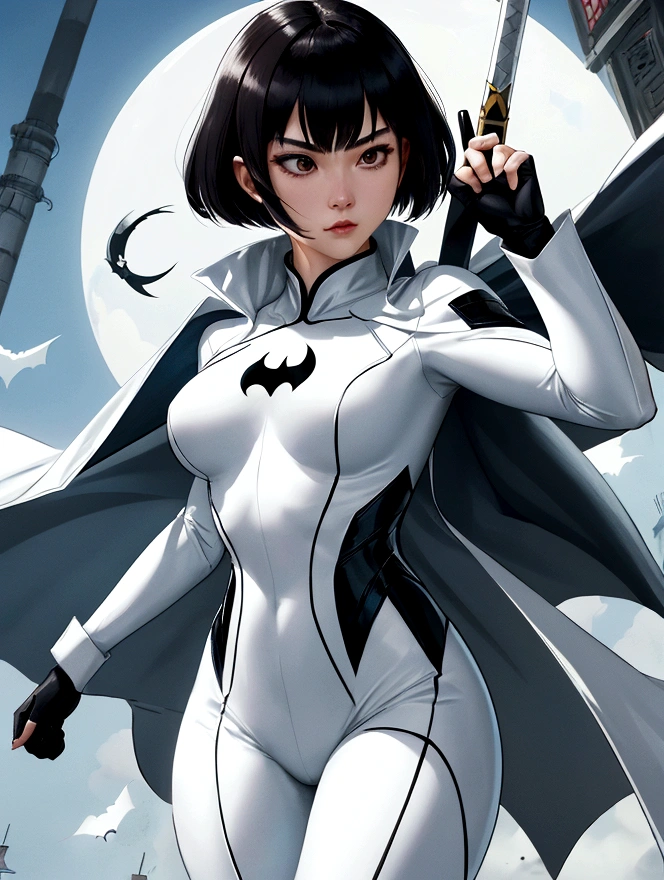 superhero, 19 years, modern super hero costume, white suit, white bat costume, style like the black mouse suit and the Batman suit, suit for girl, ninja, with a Chinese sword, Beautiful Chinese woman, Chinese woman with bangs, courageous character, Kind, Brave, determination, on the battlefield