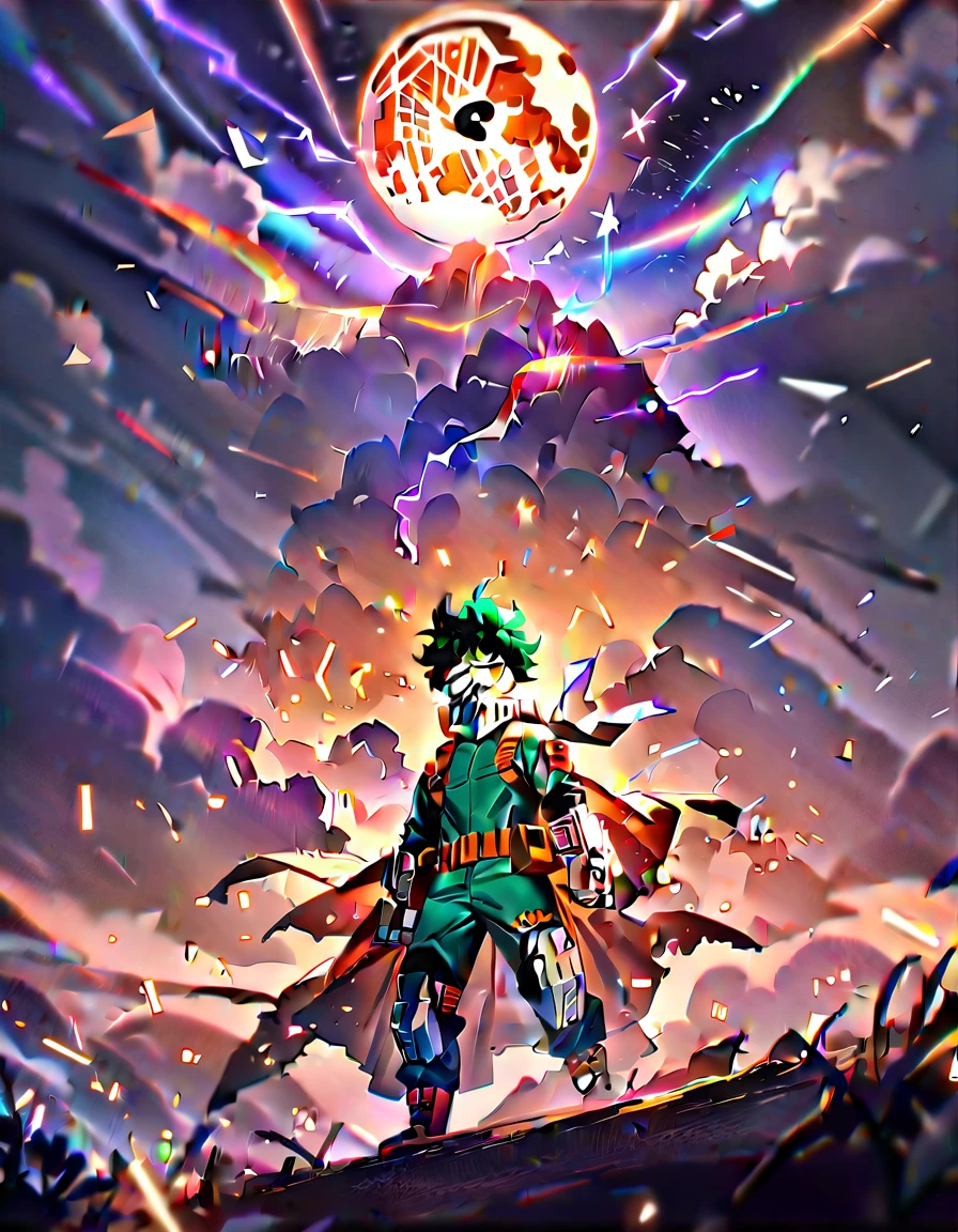 1boy, view of boy from behind , camera position-behind from boy at some distance, midoriya izuku, boku no hero academia, injury, electricity,, masterpiece, best quality, very aesthetic, absurdres ,( background - vast landscape photography,(full moon:1.2),(Meteor:0.9),(star cloud:1.3),(warm light source:1.2),(glow worm:1.2),lamp light,lots of purple and orange,Complex details,volume lighting,Realism BREAK(master piece:1.2),(best quality),8K,Super detailed,(dynamic composition:1.4),very detailed,Colorful detailed,(rainbow colors:1.2),(bright lighting,atmosphere lighting),dream Magic,Magic,(solo:1.2),((best quality)), ((master piece)), (detailed:1.4),Depth of bounds written,Maximum clarity and sharpness,perfect proportions,Fluttering clouds ) 4k aspect ratio:16:9