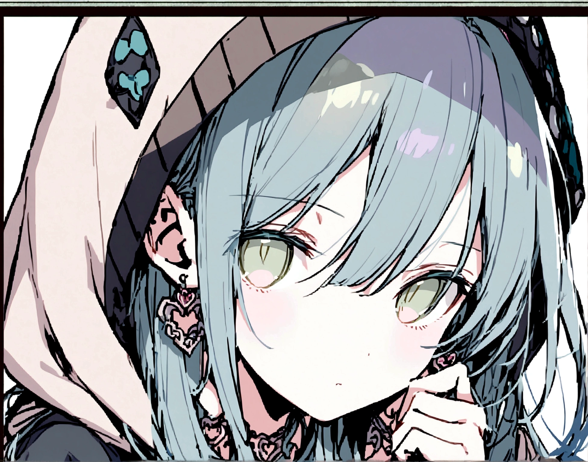 Light blue hair、Grating、Blue eyes、Looking at me、Expressionless、Elbows on the ground、Heart Earrings、White hoodie、Black border、Face close-up、Girl