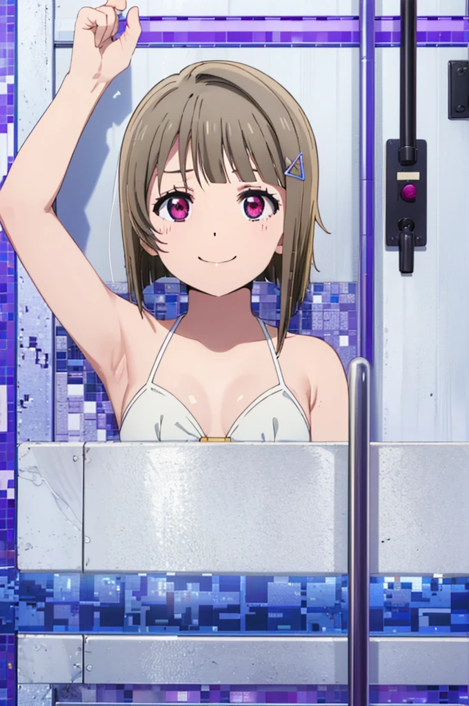 (((pixel-perfect, detail-perfect))), solo, 1girl, kasumi nakasu, eyes violet, smile, pool, bikini, armpit, flat filesize, ultra High Qality