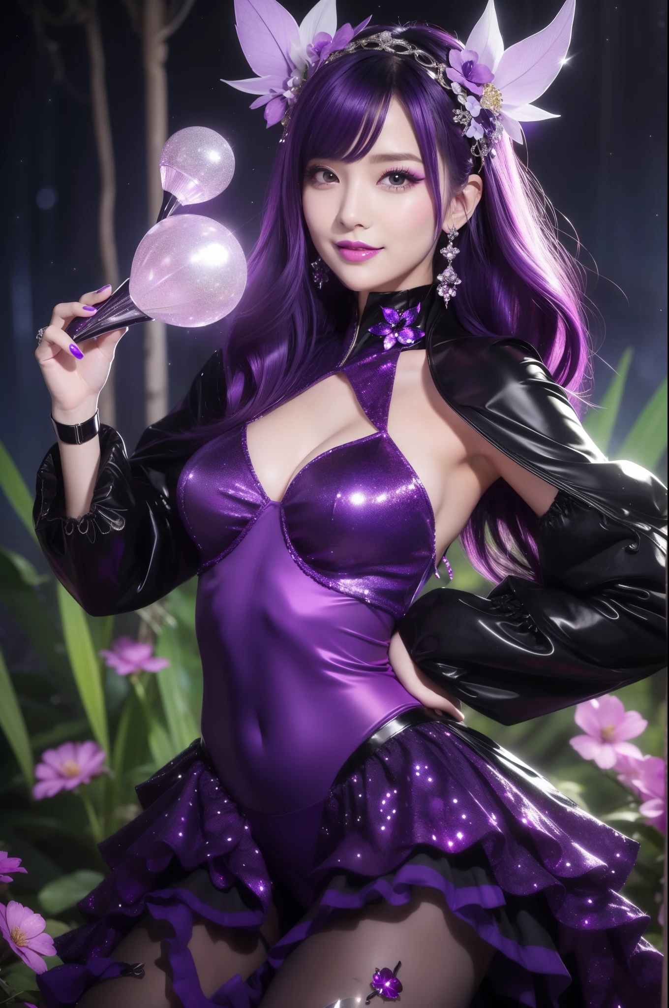 sexy stylish woman who controls poison、beautiful smile、lipgloss、intense makeup、look at the camera、full body Esbian、、sparkling poisoned flower costume (purple)、、、、shiny sparkling multicolor hair、secrete poison、skull hair accessories schnet tights (purple)、shiny sparkling dark magic forest background