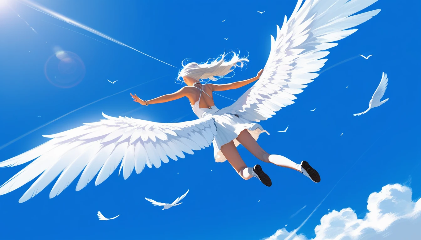 score_9, score_8_up, score_7_up, source_anime, detailed, 8k, cinematic angle, rating safe, from back, wide shot, A white winged angel is flying and look down,