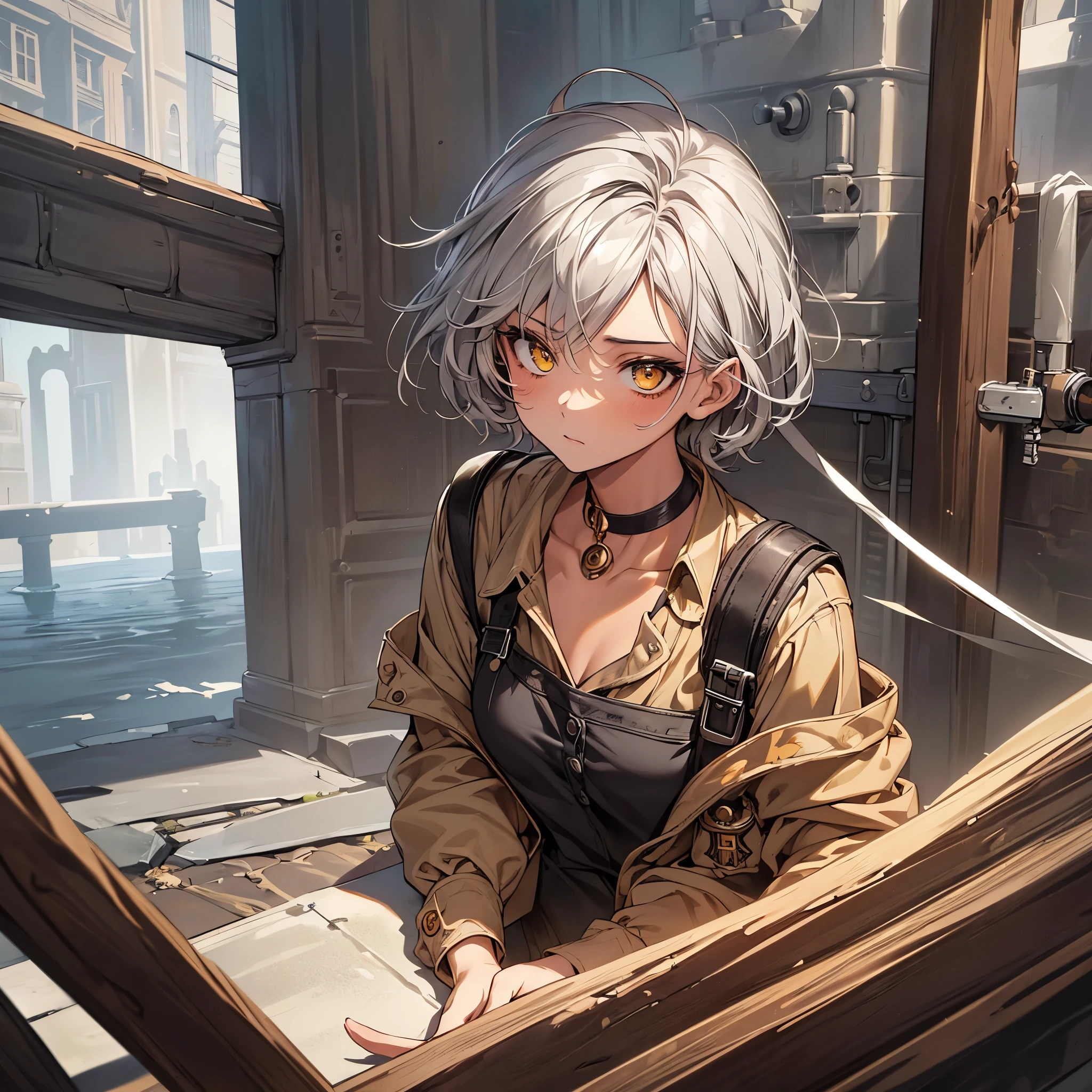 masterpiece, Highest quality, Perfect Face, Highest Resolution, Highest quality,Detailed depiction of the eyes, 1 girl, young, deep tan skin, slate gray hair, short hair, upturned eyes, Yellow Orange eyes, Perfect Anatomy, steampunk, ribbon choker, coveralls, Work clothes, undercity Brick Sewer pipes,