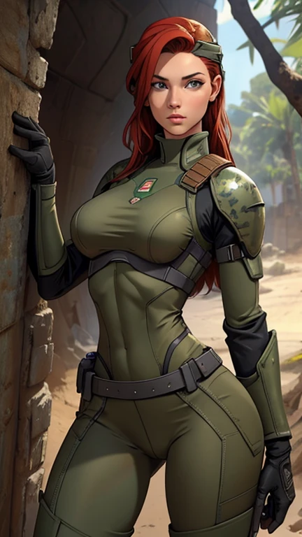 1woman 20 years old, sculpted, israel military, wearing a soldier helmet, beautiful, beautiful face, beautiful light grey eyes, perfect body, realistic, red hair, perfect body, thin waist, tight round ass, perfect ass, full outfit, wide hips, large round breasts, slim thighs, jungle background, armored vehicle, grey camouflaged uniform, wealth of details, tight panties marking on the front, head to toe, highly detailed, high resolution, prefect hands