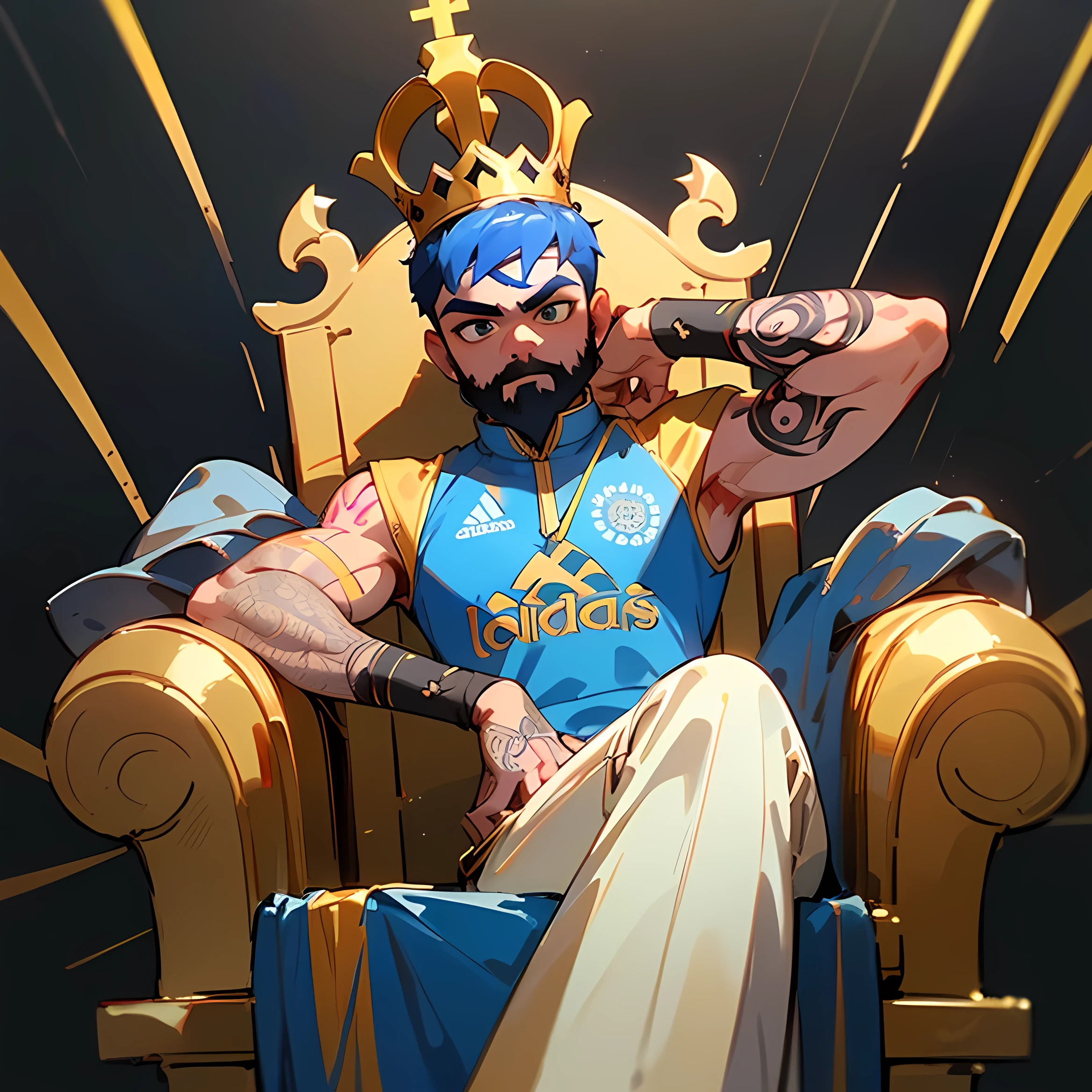 ((best quality)), ((masterpiece)), (detail) (virat kohli in Indian blue colour Adidas jersey) (with king crown on his head (black beard)( lean mascular body ) (tatto on his both arms ) sitting on golden black throne (dark war background) clear painting) ...with world cup trophy on his right hand ) ( clear details) clear body