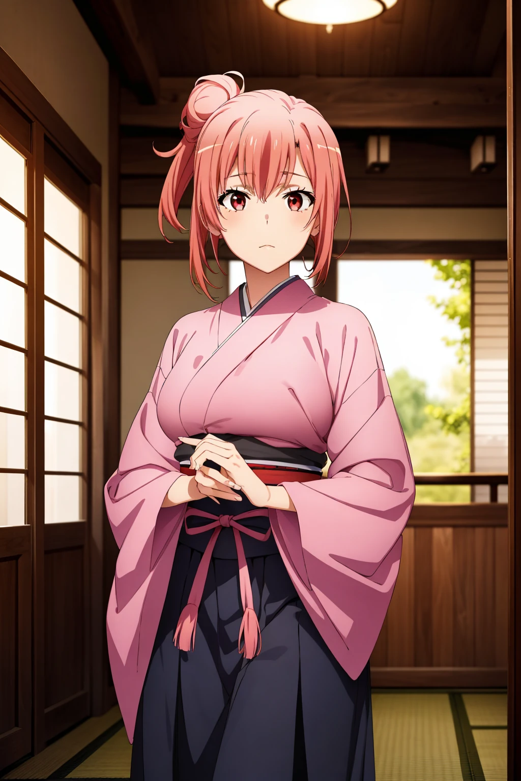 highest quality, High resolution, perfect pixel, Depth of the bounds written, 4k, beautiful anime girl, perfect body,
looking at the viewer,
Yuigahama Yui, 1 girl, short hair, pink hair, hair bun, pink eye,
large breast,
1girl, samurai girl, {holding katana}, standing, young girl,
ponytail hair,
indoor, {Japanese room}, facing the front, cowboy shot, solo focus, from outside, perfect anatomy, intricate, (highly detailed),