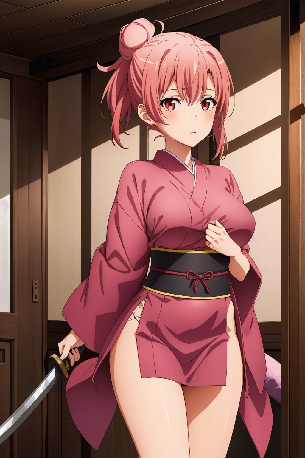 highest quality, High resolution, perfect pixel, Depth of the bounds written, 4k, beautiful anime girl, perfect body,
looking at the viewer,
Yuigahama Yui, 1 girl, short hair, pink hair, hair bun, pink eye,
large breast,
1girl, samurai girl, {holding katana}, standing, young girl,
ponytail hair,
indoor, {Japanese room}, facing the front, cowboy shot, solo focus, from outside, perfect anatomy, intricate, (highly detailed),