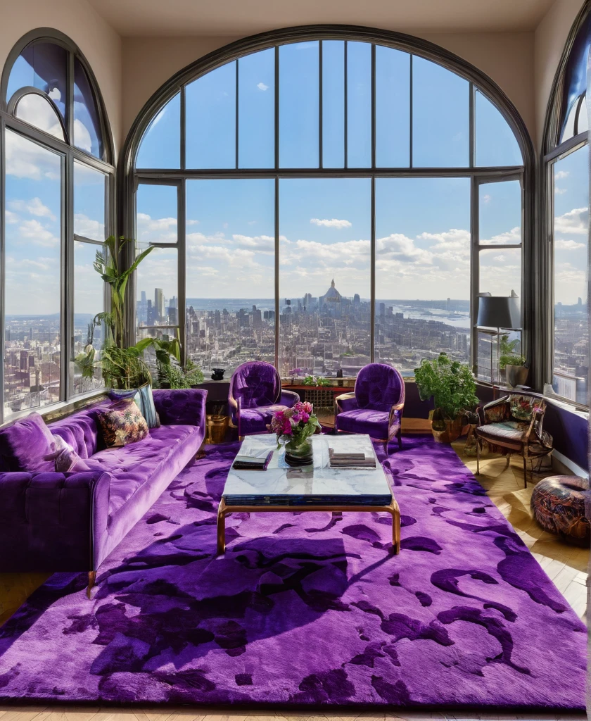 purple rug in a room with a view of a city, perfect maximalistic composition, penthouse, 80s interior with arched windows, architectural digest, dense hypermaximalist metropolis, 70s interior with arched windows, trending on pinterest,maximalist, biophilia mood, in style of norman foster, epic view, architectural digest photo, inside a grand