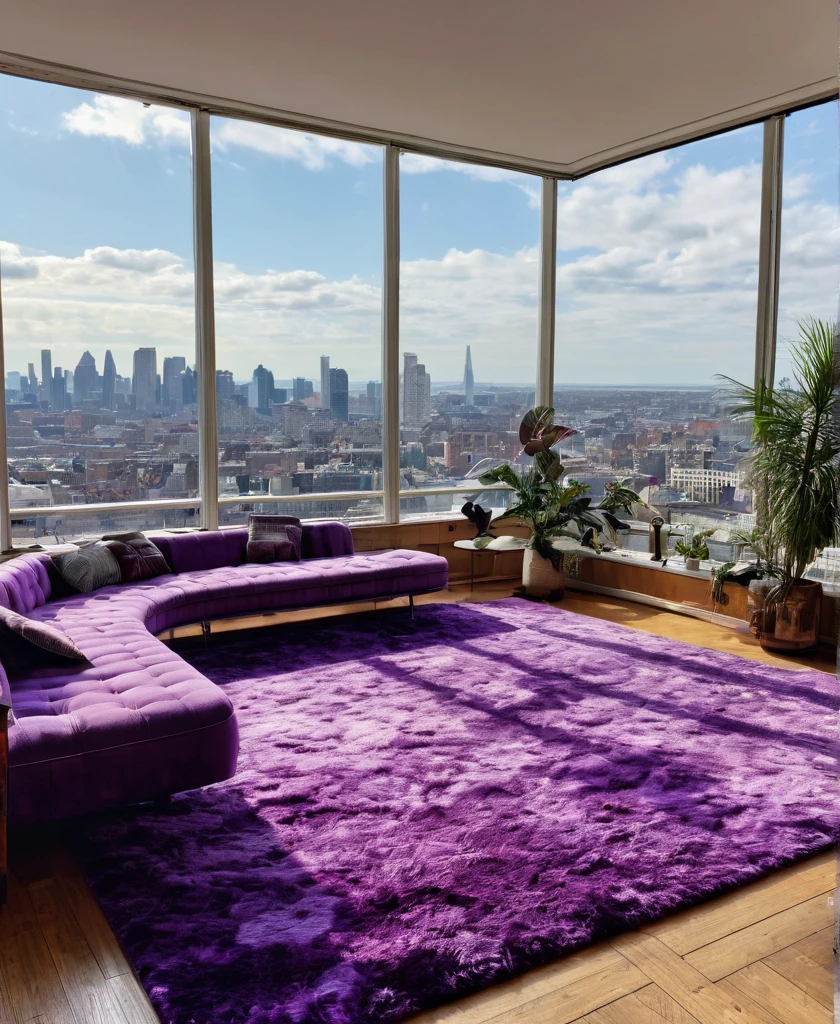 purple rug in a room with a view of a city, perfect maximalistic composition, penthouse, 80s interior with arched windows, architectural digest, dense hypermaximalist metropolis, 70s interior with arched windows, trending on pinterest,maximalist, biophilia mood, in style of norman foster, epic view, architectural digest photo, inside a grand