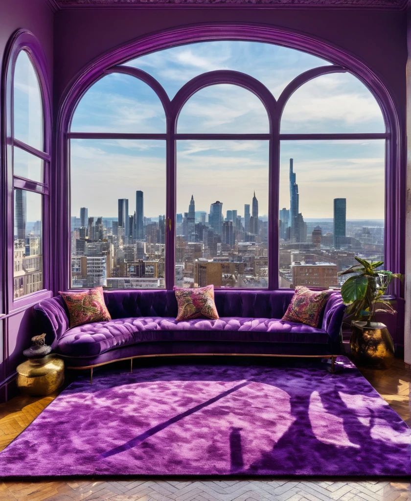 purple rug in a room with a view of a city, perfect maximalistic composition, penthouse, 80s interior with arched windows, architectural digest, dense hypermaximalist metropolis, 70s interior with arched windows, trending on pinterest,maximalist, biophilia mood, in style of norman foster, epic view, architectural digest photo, inside a grand