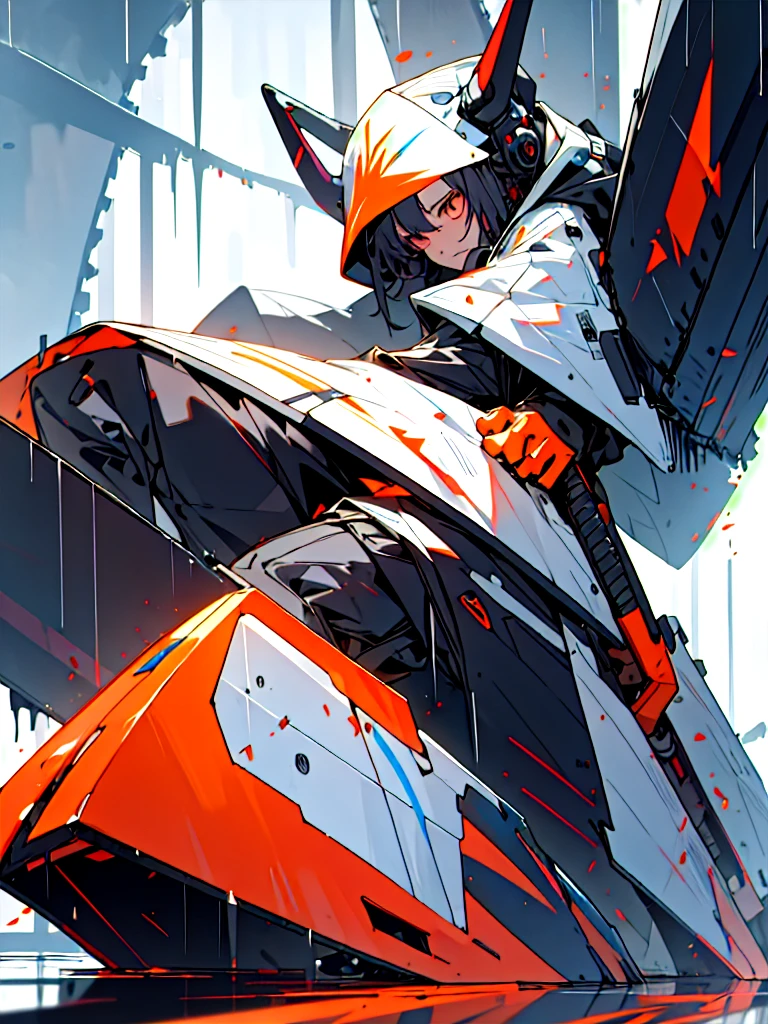 Absurd, High resolution, Super detailed,
One girl,Exo-armour oversized hooded jacket, Long horn,whole body,Has a chainsaw,The ultimate form,heavy rain、Colorful rain