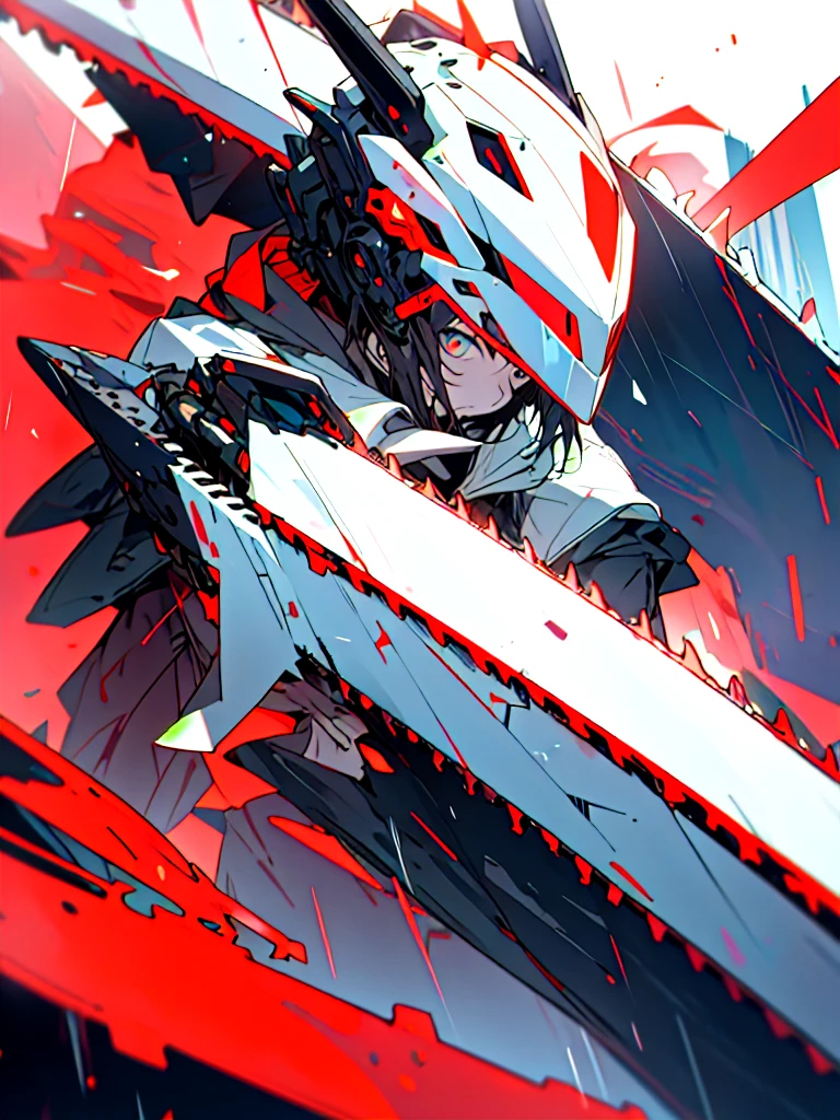 Absurd, High resolution, Super detailed,
One girl,Exo-armour oversized hooded jacket, Long horn,whole body,Has a chainsaw,The ultimate form,heavy rain、Colorful rain