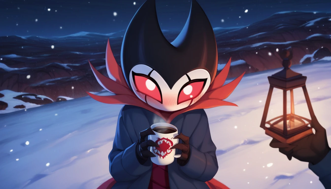 score_9, score_8_up, score_7_up, score_6_up, zPDXL2, grimm \(hollow knight\), vampire, bat, 1boy, solo, cute face, detailed eyes, anthro, clothed, landscape, looking at the viewer, highlight thighs, It's snowing outside, it's night, a lamp is on nearby, pov, outdoor, winter coat, blushing, holding two cups of coffee in both hands, charming look