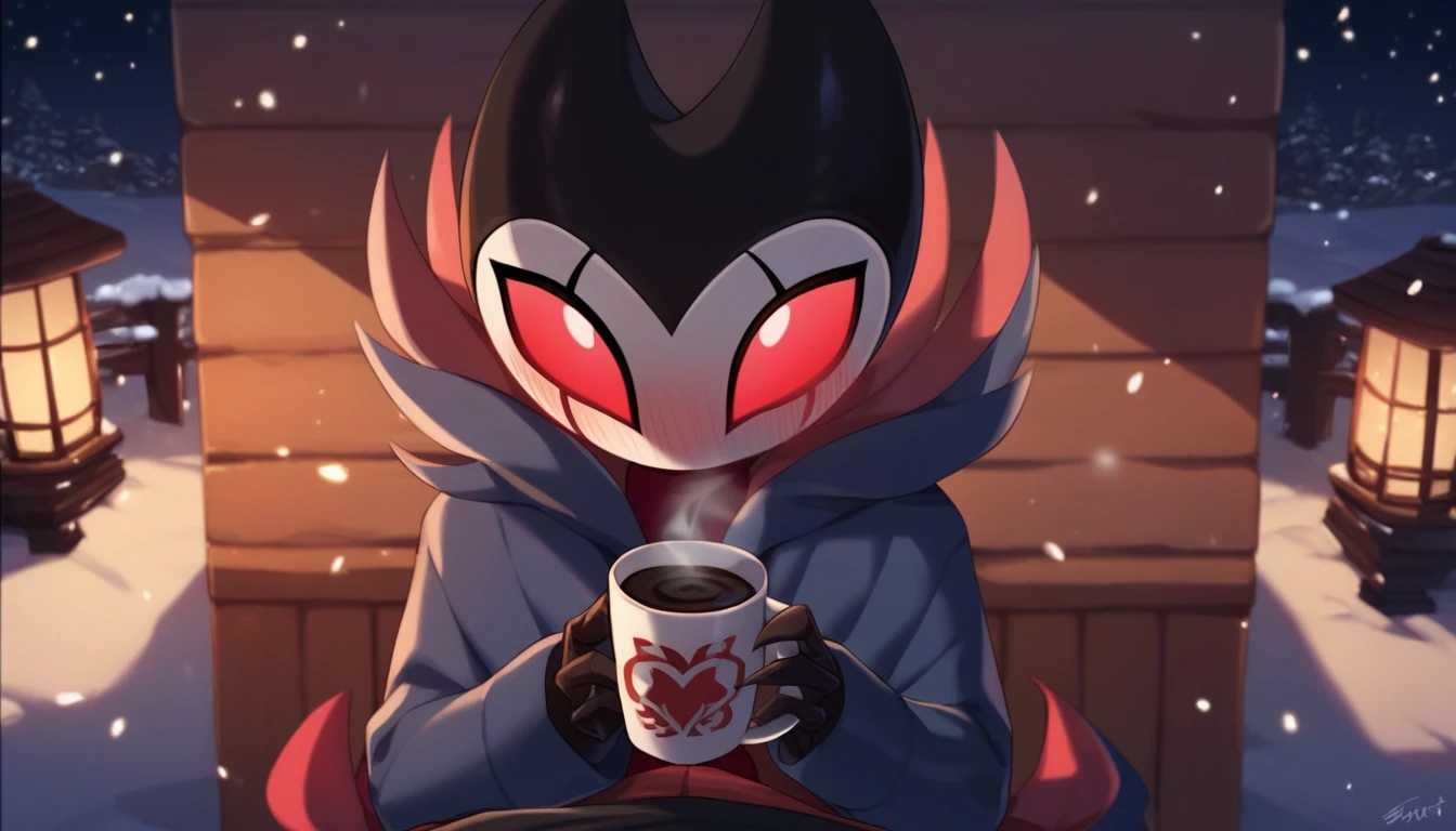 score_9, score_8_up, score_7_up, score_6_up, zPDXL2, grimm \(hollow knight\), vampire, bat, 1boy, solo, cute face, detailed eyes, anthro, clothed, landscape, looking at the viewer, highlight thighs, It's snowing outside, it's night, a lamp is on nearby, pov, outdoor, winter coat, blushing, holding two cups of coffee in both hands, charming look 