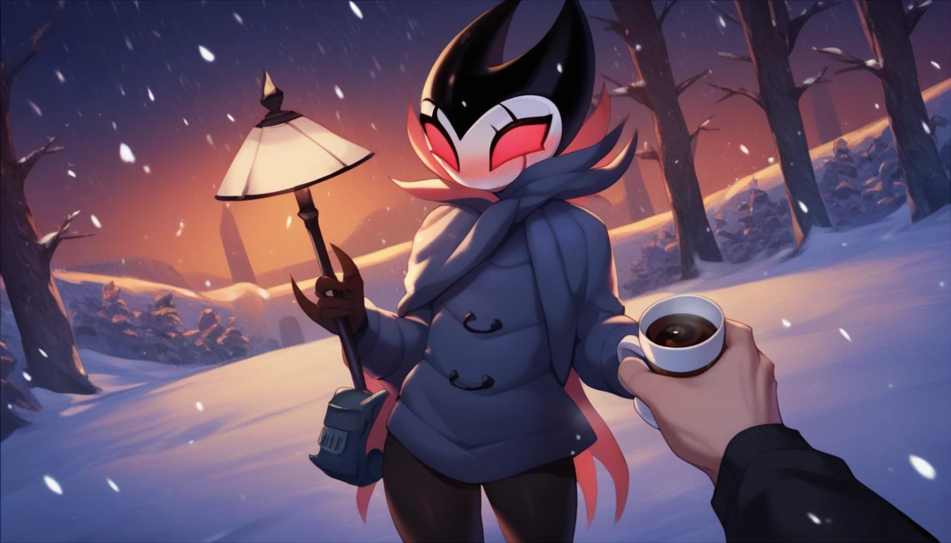 score_9, score_8_up, score_7_up, score_6_up, zPDXL2, grimm \(hollow knight\), vampire, bat, 1boy, solo, cute face, detailed eyes, anthro, clothed, landscape, looking at the viewer, highlight thighs, It's snowing outside, it's night, a lamp is on nearby, pov, outdoor, winter coat, blushing, holding two cups of coffee in both hands, charming look 