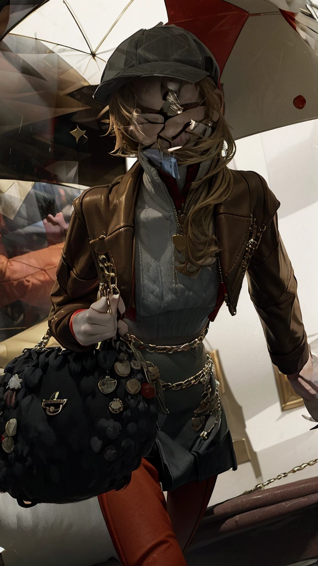 (masterpiece), best quality, expressive eyes, perfect face, A closeup of a woman in a 1girl, Melania, reverse 1999, red glasses, long blonde hair, leather jacket, white sweater with zipper, black skirt, red tight legging, flat cap, stylish bag gold chain, boots shoes, thief, spy