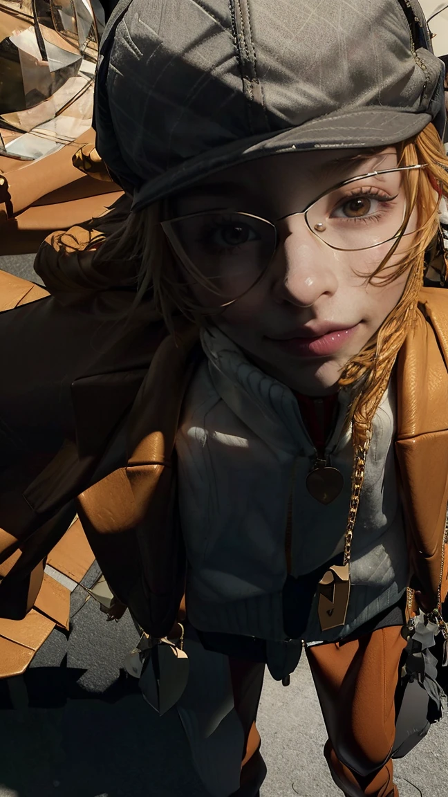 (masterpiece), best quality, expressive eyes, perfect face, A closeup of a woman in a 1girl, Melania, reverse 1999, red glasses, long blonde hair, leather jacket, white sweater with zipper, black skirt, red tight legging, flat cap, stylish bag gold chain, boots shoes, thief, spy