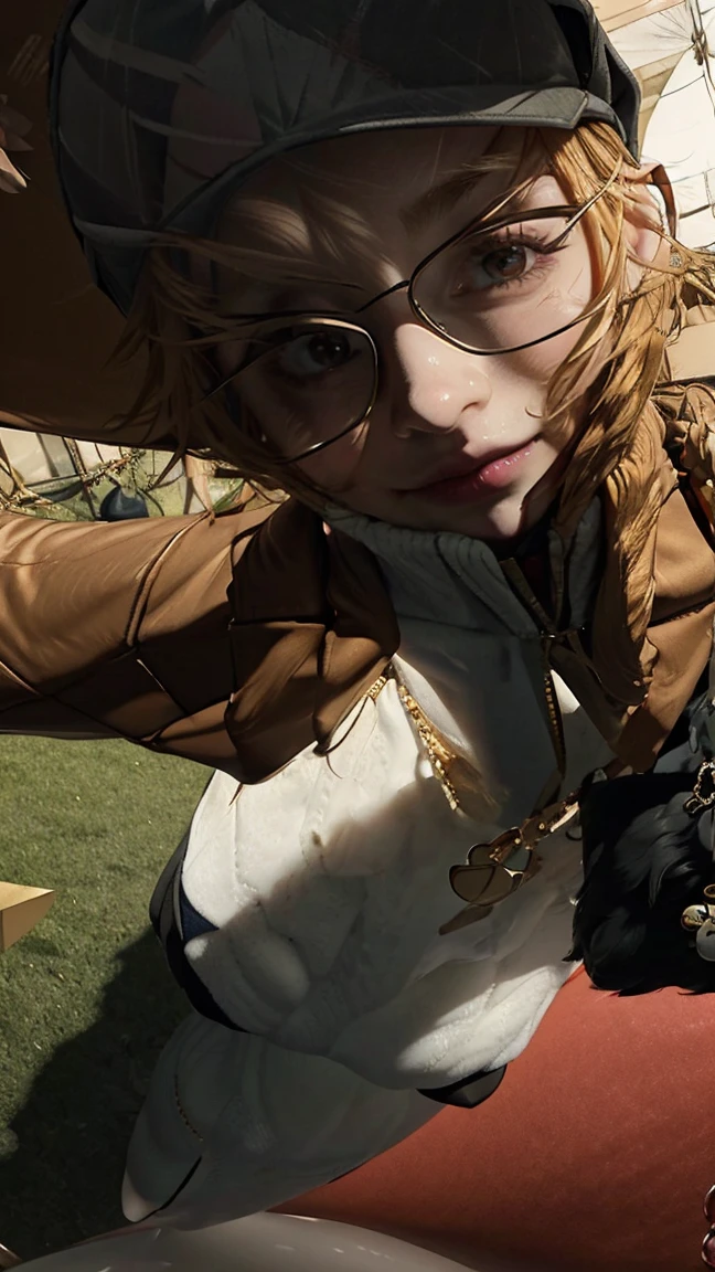 (masterpiece), best quality, expressive eyes, perfect face, A closeup of a woman in a 1girl, Melania, reverse 1999, red glasses, long blonde hair, leather jacket, white sweater with zipper, black skirt, red tight legging, flat cap, stylish bag gold chain, boots shoes, thief, spy