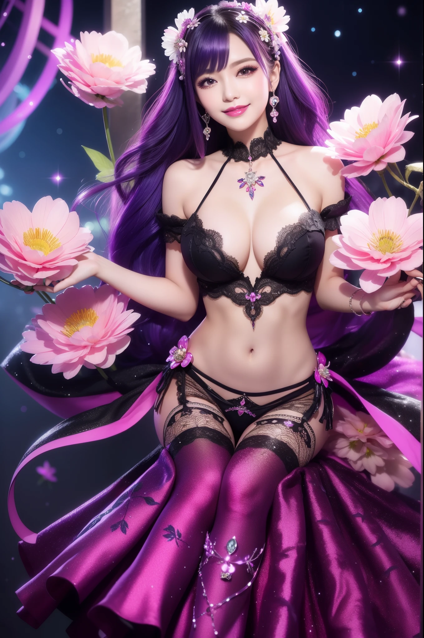 beautiful sexy woman who controls poison、beautiful smile、lipgloss、long lashes、intense makeup、look at the camera、full body Esbian、、sparkling poisoned flower costume、、、、sparkling Colorful hair、secrete poison、skull hair accessories, detailed tights、shiny sparkling flowers background