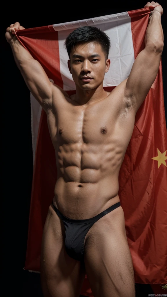 1 Chinese man 2 He is holding a flag 8 meters long and it is the flag of China 3 he has a black background 4 he has six-pack abs 5 he has tattoos of Chinese dragons 6 The man is naked
(( until +18 ))