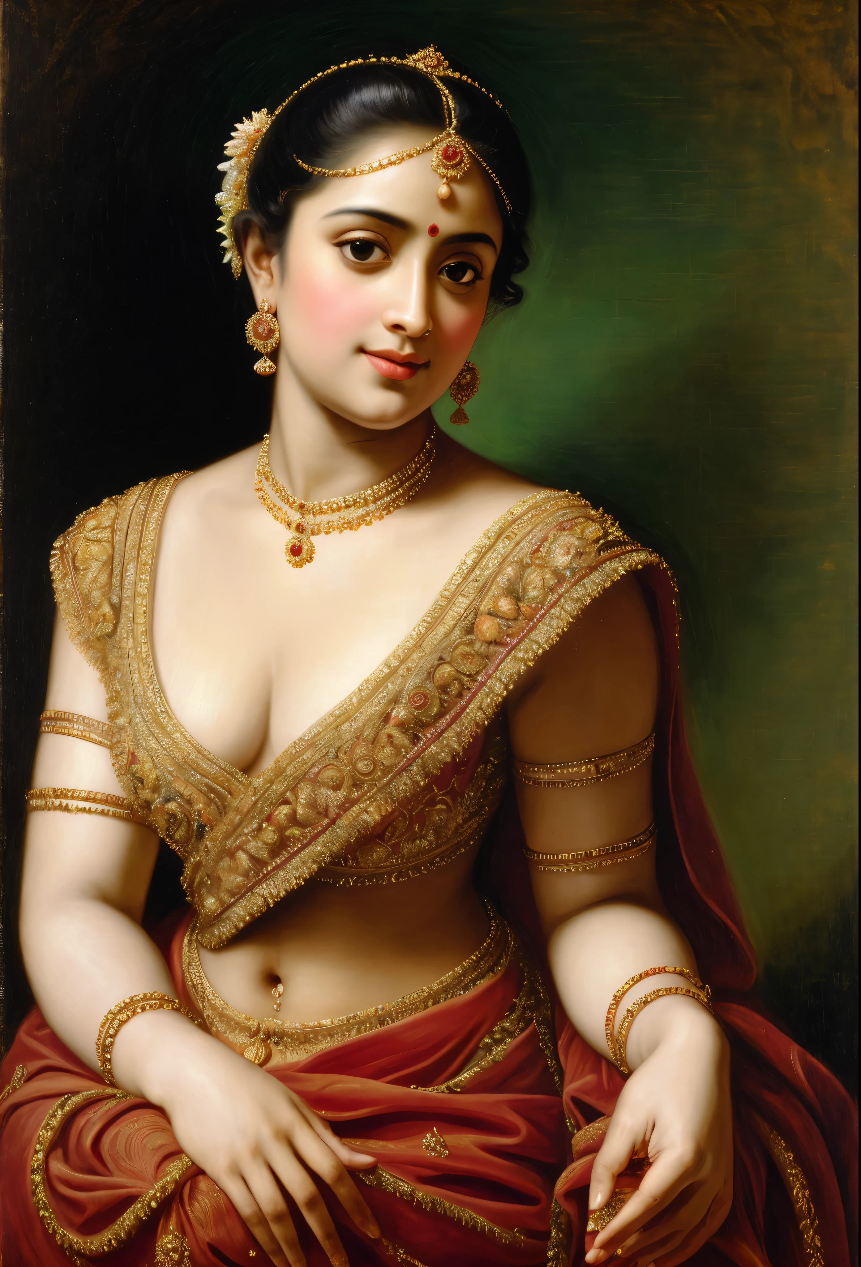 Looks like Jannat Zubair, Beautiful Indian Woman, wearing saree, sari Beauty, gorgeous, Apsara, Maharani, royal queen woman, nymph from Hindu Mythology, Urvashi, matchless beauty, Highly detailed, Oil Painting by Peter Paul Rubens inspired by Raja Ravi Varma, Matchless beauty, captivating, gorgeous, heavenly beauty, celestial beauty, by Peter Paul Rubens, , realistic, hyper realistic, micro details, incredible artwork, insane details, ultra High resolution, 8k, 32k, acrylic on canvas, intricate, flawless, detailed, detailed face, detailed eyes, masterpiece, by Peter Paul Rubens, by Caravaggio, by William Adolphe bouguereau, perfect face, perfect body, beautiful art, realism, baroque, renaissance Art, highly textured, beautiful and detailed eyes, uhd, best quality,
