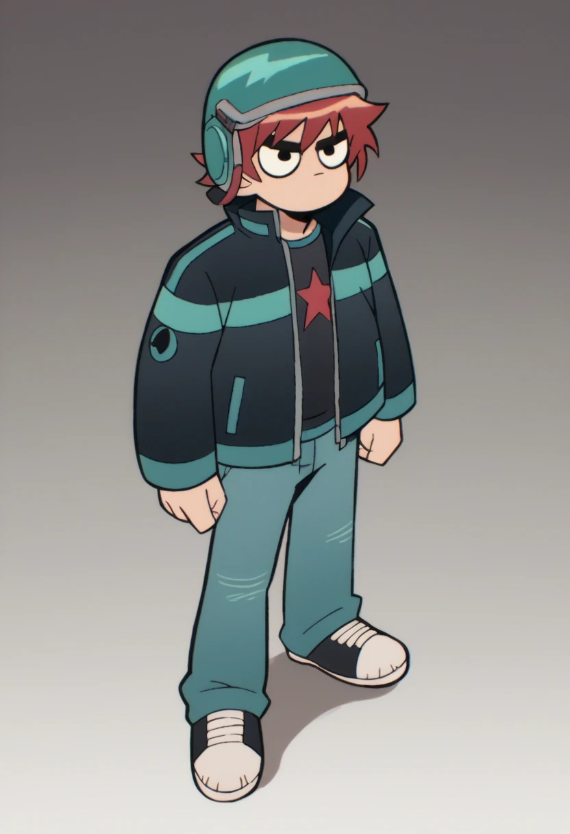 a boy black High-Tech suit black jacket High-tech tactical helmet sci-fi city full-body shot Scott Pilgrim Takes Off Style