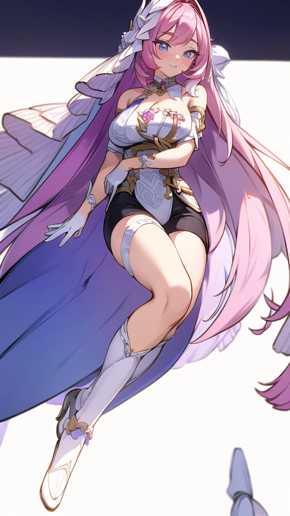 1gril,elysia,pink hair,veil,Purple pupils,Diamond pattern,White shoes,boots,White gloves,dress,Black shorts,Leg ring,Lie down,floor,Large Breasts,Cleavage,indoor,From the front,Looking at the audience