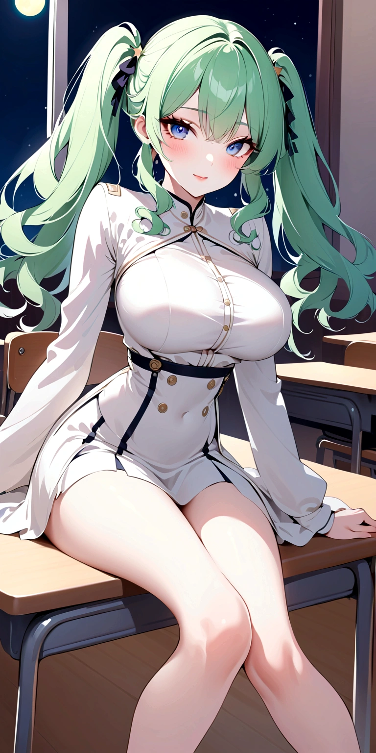 Highest quality,1People Girls, 1 person, cute, Green Hair,Twin tails,Curly Hair, Light blue eyes, Elegant and delicate eyes, Detailed facial features, Long eyelashes, Beautiful lip detail, graceful and detailed poses, Dynamic configuration,Vibrant colors, Soft and dreamy,A cheerful smile,classroom,night,moon, star, on the desk,Sitting,White uniform,Large Breasts