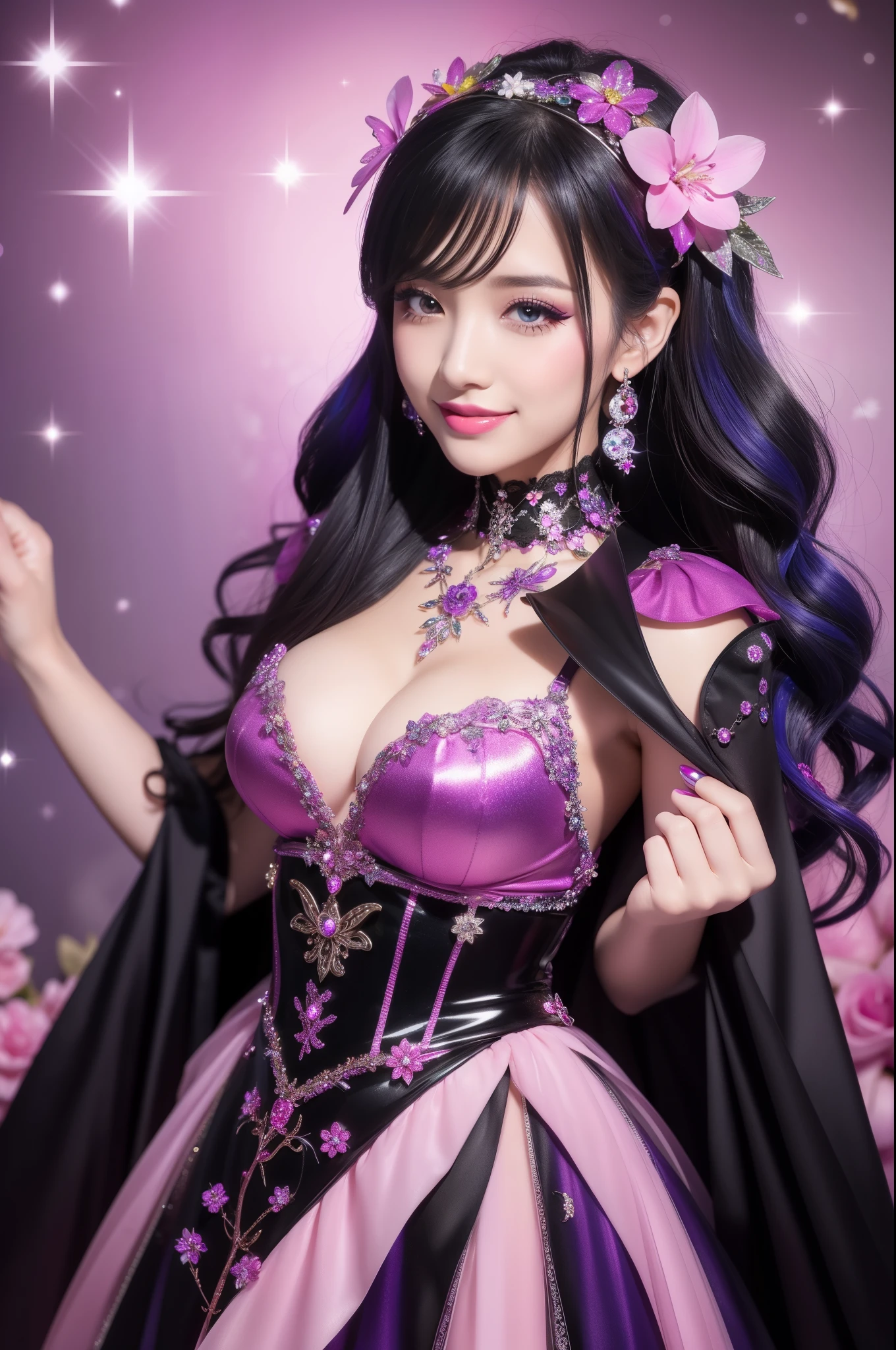 beautiful sexy woman who controls poison、beautiful smile、lipgloss、long lashes、intense makeup、look at the camera、full body Esbian、、sparkling poisoned flower costume、、、、sparkling Colorful hair、secrete poison、skull hair accessories, detailed tights、shiny sparkling flowers background