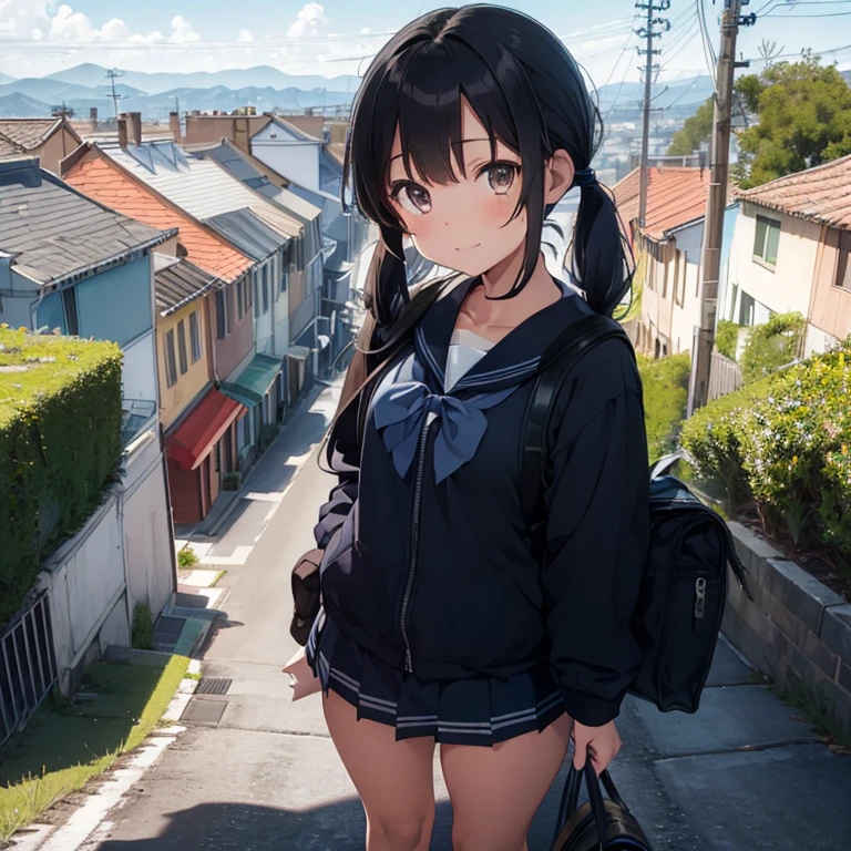 best quality, detailed, masterpiece, 1 girl, standing, gentle smile, 15yo, (low twintails:1.4), low pigtails, black hair, long hair, (navy blue sailor suit with blue ribbon:1.2), long sleeves, BREAK (dark brown eyes), (school bag),from the front, from few above, POV, alone, BREAK (steep downhill), (long hill straight road to the back), electric pole, electric cable, hill city, housing, cityscape, sea in the distance, nice view, 15 o'clock, orange sky, animation